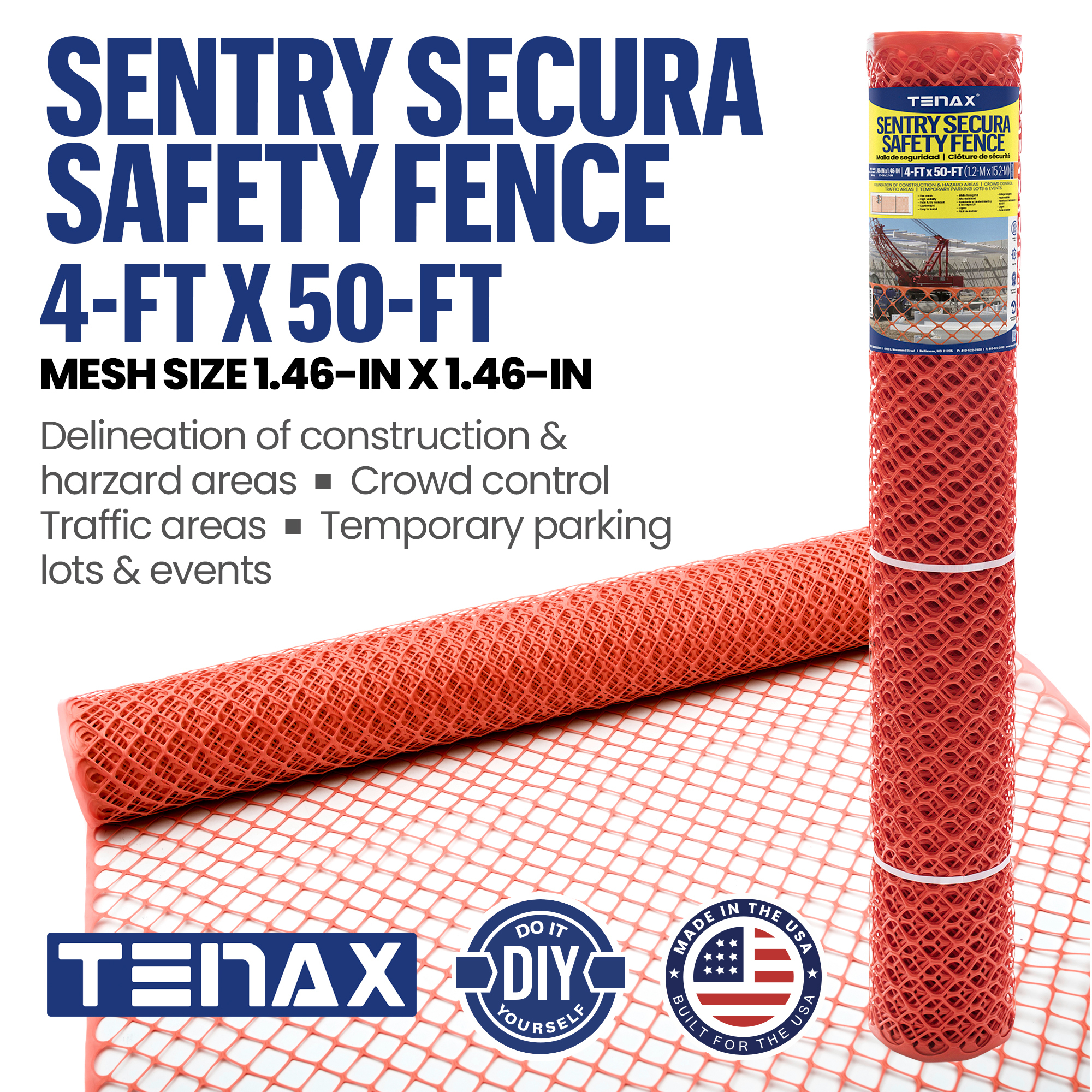 Tenax Sentry Secura Diamond Safety Fence — 4ft. x 50ft., High-Density Polyethylene, Orange, Model# 64090204